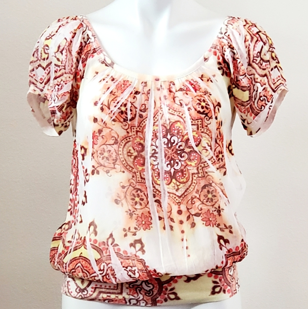 Dolled Up Women's Sheer Short Sleeve Floral Print Blouse Size S